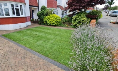 Lush green lawn seamlessly integrated into a front house driveway