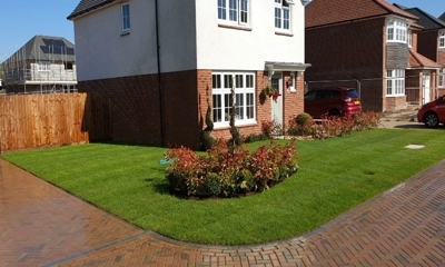 Fresh turf rolls complemented by blooming flowers in charming front garden.
