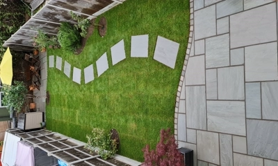 New turf crossed by elegant Kandla gray indian stepping-stones 