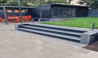 The elegant Hammer Stone Porcelain  grey shade creates a bright impression for your outdoor living space